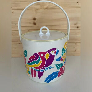 VINTAGE 1990's Tropical Fun Colorful Parrott Floral Ice Bucket & Accesso…